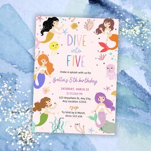 Dive Into Five Mermaid 5th Birthday Invitation, Girl 5th Birthday Invite, Pink Polka Dot Dive Into Five 5th Birthday Party, Under the Sea