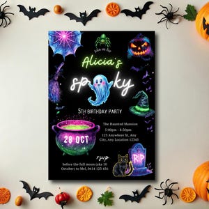 May include: A Halloween party invitation with the text "Alicia's Spooky 5th Birthday Party." The design includes a ghost, witch's hat, cauldron, and tombstone. Pumpkins, bats, and spiders decorate the invitation's border.