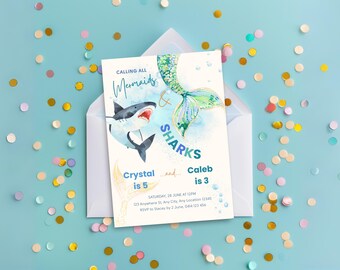 May include: A party invitation with a mermaid and shark theme. The invitation features a watercolor illustration of a shark and a mermaid tail. Text on the invitation reads "Calling All Mermaids & Sharks". The invitation is in a white envelope on a blue background with confetti.