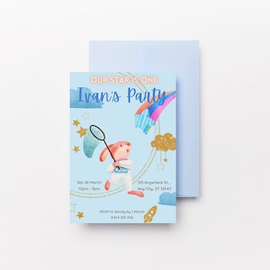 May include: A blue and pink invitation with a cartoon bunny holding a net. The invitation says "Our Star is One Ivan's Party" and includes details for the party, including the date, time, location, and RSVP information.