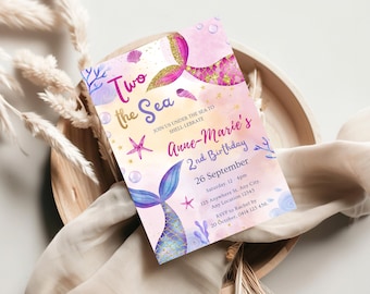 Invitation d'anniversaire de sirène, deux de la mer, modèle d'invitation modifiable pour le 2e anniversaire, queue de sirène aquarelle rose violet, téléchargement immédiat