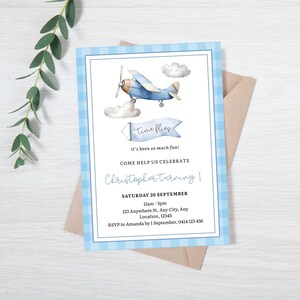 Gingham Airplane Invite, Boy Birthday Digital Invitation, Boy Airplane Party, Time Flies Invite, First Birthday Invitation, Gingham Design