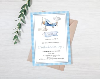 Gingham Airplane Invite, Boy Birthday Digital Invitation, Boy Airplane Party, Time Flies Invite, First Birthday Invitation, Gingham Design