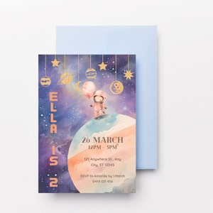 May include: A watercolor invitation card with a space theme. The card features an astronaut holding a balloon on a planet, with the text "ELLA IS 2" and event details. A light blue envelope is behind the card.