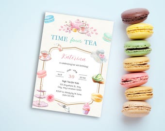 Time Four Tea Birthday Invite, High Tea Party Invite, Garden Tea Party, 4th Birthday Invitation, Par-tea Birthday Invite, Editable Template