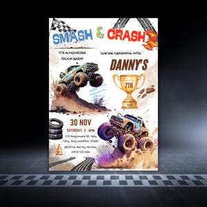 Smash and Crash Birthday Invitation, Monster Truck Birthday Party Invite, Monster Rally Birthday Invite, Monster Jam Party Editable Template