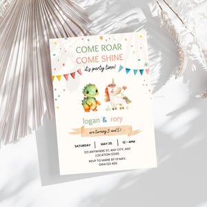 Unicorn & Dinosaur Birthday Party Invite, Sibling Joint Birthday, Come Roar Come Shine, Confetti Sibling Download Invite, Editable Template