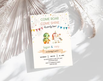 Unicorn & Dinosaur Birthday Party Invite, Sibling Joint Birthday, Come Roar Come Shine, Confetti Sibling Download Invite, Editable Template
