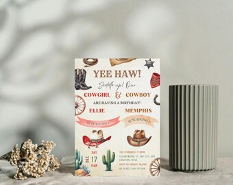 Red Brown Rodeo Sibling Birthday Party Invitation, Western Party Invite, Wild West Birthday Invite, Boy Girl Birthday Invitation Download