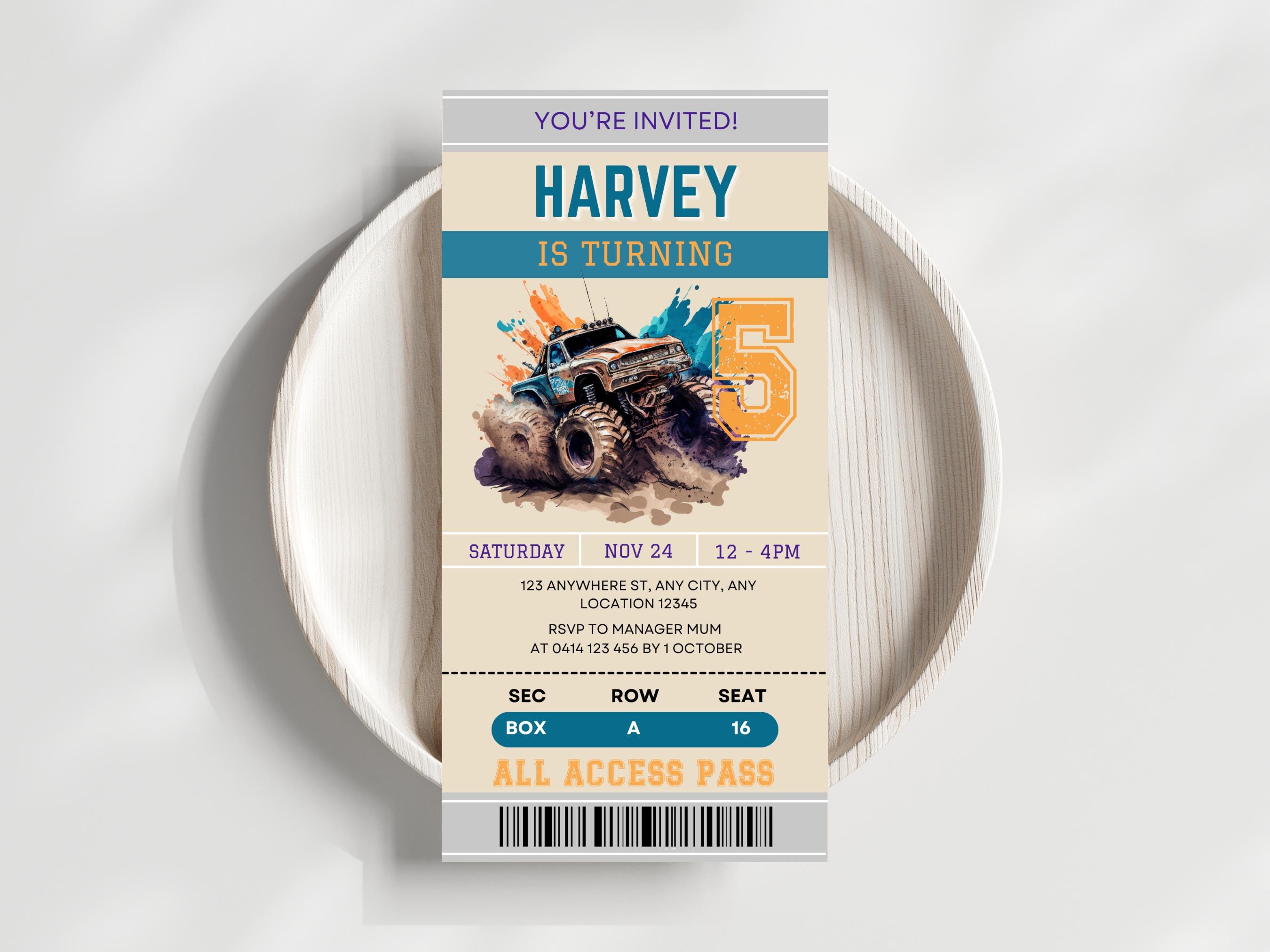 Monster Truck Invite, Monster Truck Rally Ticket Invitation, Monster ...