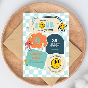Four Ever Young Birthday Invitation, Retro Smiley Face Invite, Groovy Birthday Party Invite, Boy 4th Birthday Invitation, Race Flag Invite