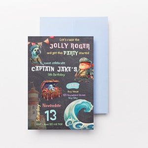 Invitación de cumpleaños pirata, levante la invitación de fiesta Jolly Roger, invitación de cumpleaños pirata editable, invitación de barco pirata
