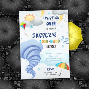 Tornado Party, Girl Boy Twister Birthday Invite, 4th Birthday Invite, Storm Theme Birthday, Tornado Invitations, Colorful Umbrella Invite