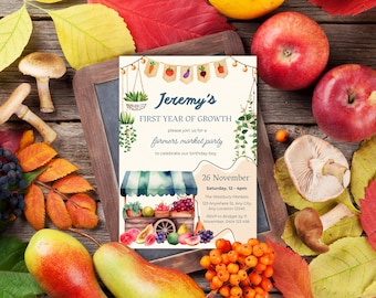 First Year of Growth Birthday Invitation, Fruit and Veggie Market Stall Party Invite, Farmer's Market Birthday Party, Editable Template