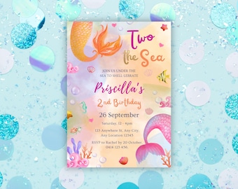 Invitation d'anniversaire de sirène, deux de la mer, modèle d'invitation modifiable pour le 2e anniversaire, queue de sirène aquarelle rose orange, téléchargement immédiat