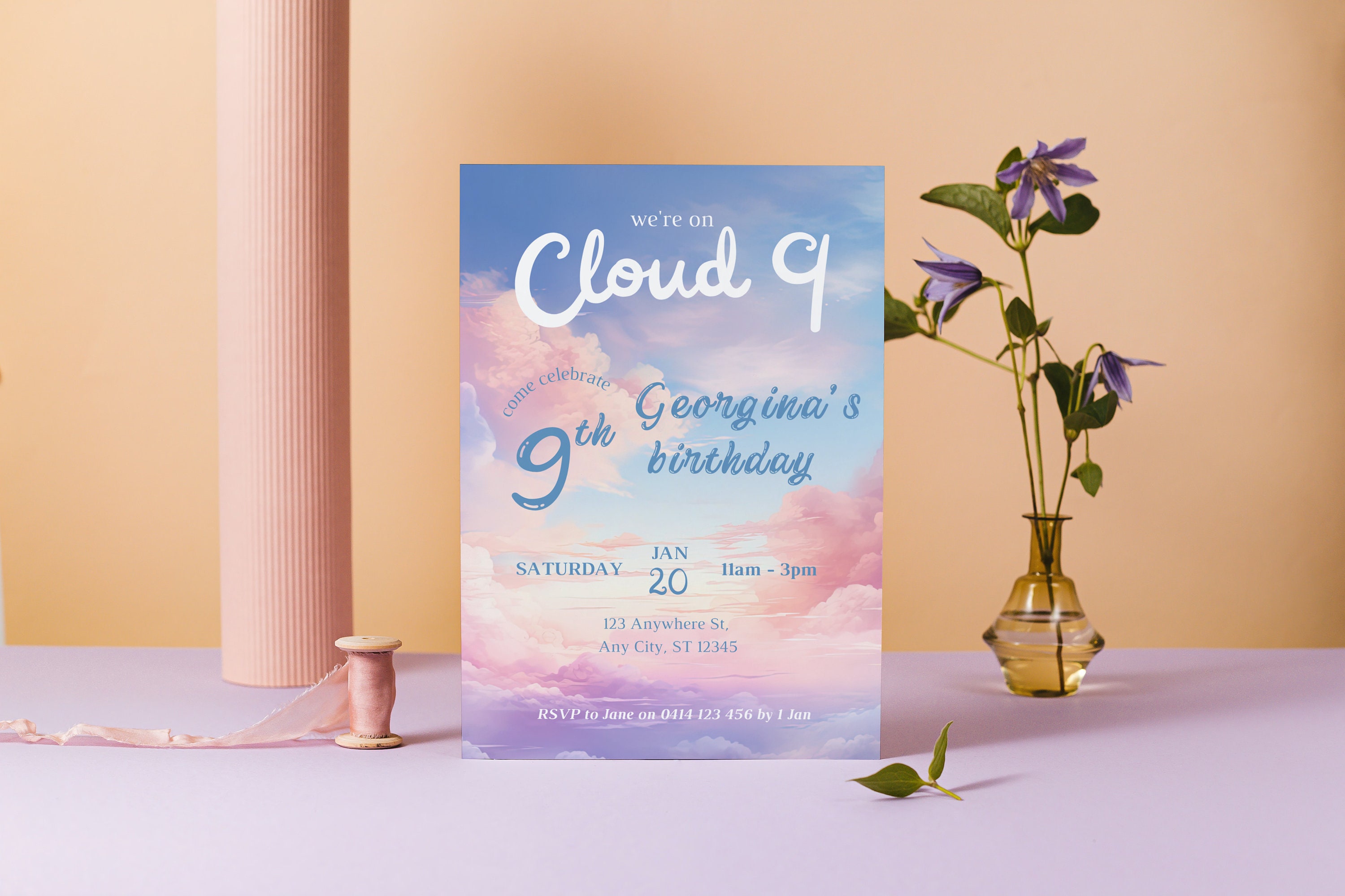 Cloud Nine Birthday Party Invitation, Cloud Party, 9th Birthday, Girl ...