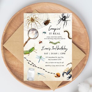 May include: A birthday invitation with a bug theme. The invitation features illustrations of various insects, including spiders, ants, and dragonflies. The text reads "Creepin' It Real" and announces Evan's 3rd birthday on January 20th at 12 PM.