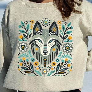 Scandinavian Sweatshirt, Scandinavian folk art Wolf sweatshirt, Scandinavian sweater, Nordic Folk Art shirt, Boho Cottagecore sweatshirt