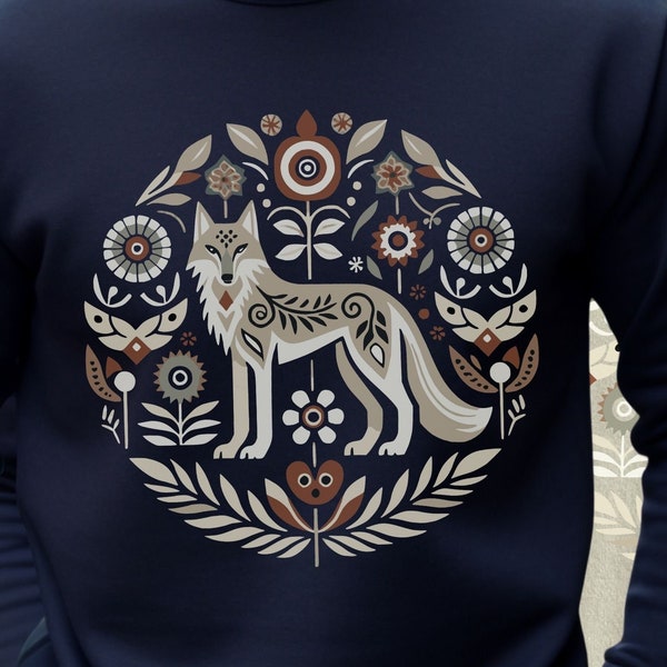 Scandinavian Sweatshirt, Scandinavian folk art Wolf sweatshirt, Scandinavian sweater, Nordic Folk Art sweatshirt, Nordic folk art Wolf shirt