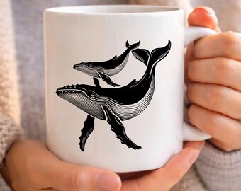 Whale Mug, Black Line Art Humpback Whale and Calf, Costal decor