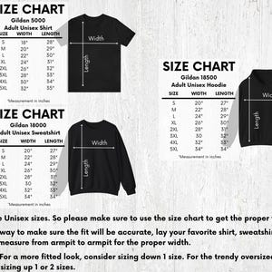 Size charts for shirts, sweatshirts and hoodies