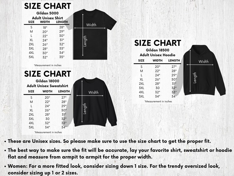 Size charts for shirts, sweatshirts and hoodies