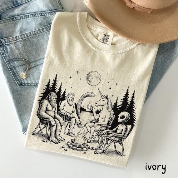 Vintage Bigfoot shirt, Comfort Colors Sasquatch Shirt Mythical Cryptid Campfire Scene Alien, Nellie, Unicorn, Outdoorsy Gift for Believers