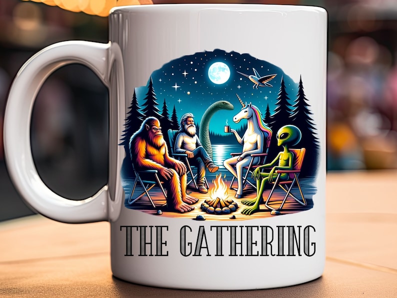 Bigfoot mug, Funny Bigfoot mug, Big Foot mug, Bigfoot unicorn mug, Bigfoot alien mug, Bigfoot Loch Ness Mug, Cryptozoology mug, Cryptid mug, Bigfoot and friends mug, Camping mug, Funny Mug, Mug for men, Mug for women