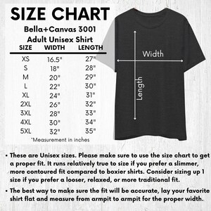 May include: Size chart for Bella+Canvas 3001 adult unisex shirts. Includes measurements in inches for sizes XS to 5XL. The chart shows width and length dimensions. A dark gray t-shirt is displayed with arrows indicating width and length measurements.