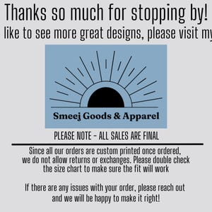 Peut inclure: Graphique gris clair avec le texte "Merci beaucoup de votre visite !" et "Si vous souhaitez voir d'autres superbes cr&eacute;ations, visitez ma boutique." Un rectangle bleu contient un motif de soleil et le texte "Smeej Goods & Apparel."