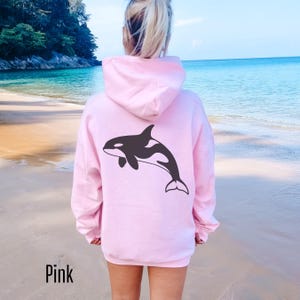 Pink hoodie with large black Orca design on back and small Orca design on front. Available in Hoodies, sweatshirt and shirts.