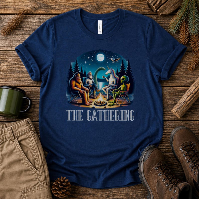 K&ouml;nnte beinhalten: Ein marineblaues T-Shirt mit einem Grafikdruck von Bigfoot, einem b&auml;rtigen Mann, einem Einhorn und einem Alien, die nachts unter einem Vollmond um ein Lagerfeuer sitzen. Der Text THE GATHERING ist in wei&szlig;en Gro&szlig;buchstaben darunter gedruckt.