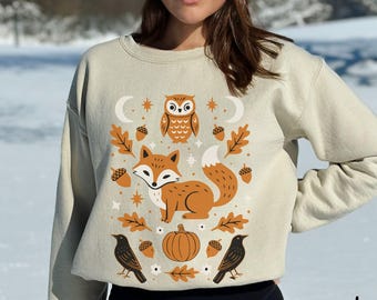 Scandinavian Folk Art Fox Fall Sweatshirt, Boho Cottagecore Sweater, Nordic Fox Shirt, Cozy Autumn Woodland Animal Top for Nature Lovers