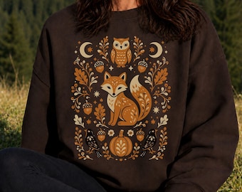 Fall Fox Sweatshirt, Autumn Fox Crewneck, Boho Cottagecore, Scandinavian Folk Art