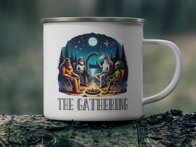 Bigfoot mug, Enamel camping mug, Funny Bigfoot mug, Big Foot mug, Bigfoot unicorn mug, Bigfoot alien mug, Bigfoot Loch Ness Mug, Cryptozoology mug, Cryptid mug, Bigfoot friends mug, Hiking mug, Funny Mug, Campfire mug, Mug for men, mug for women