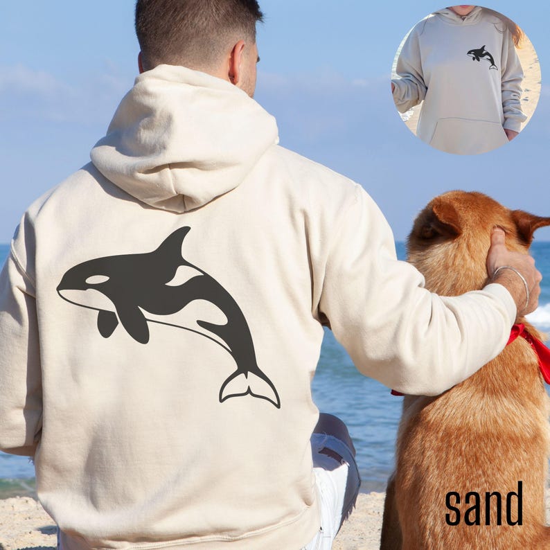 Sand hoodie with large black Orca design on back and small Orca design on front. Available in Hoodies, sweatshirt and shirts.