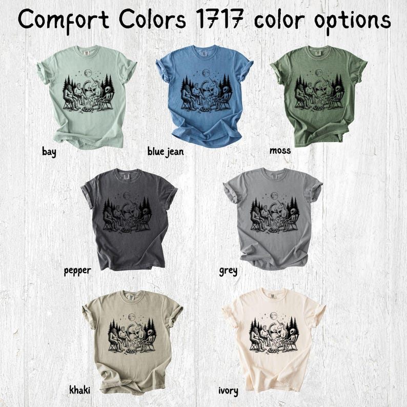 Comfort Colors 1717 color options. Khaki, Moss, Pepper, Grey, Blue Jean, Chambray and Ivory.