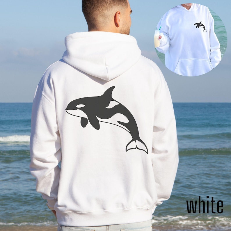 White hoodie with large black Orca design on back and small Orca design on front. Available in Hoodies, sweatshirt and shirts.