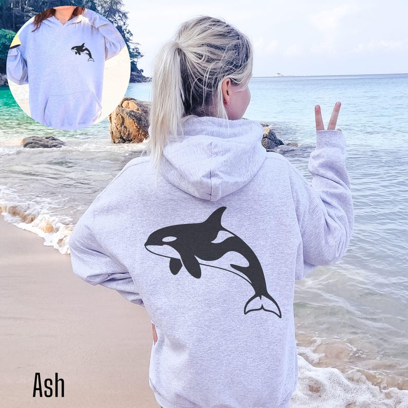 Ash hoodie with large black Orca design on back and small Orca design on front. Available in Hoodies, sweatshirt and shirts.