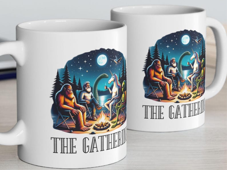 May include: Two white ceramic mugs with a colorful illustration of a group of mythical creatures gathered around a campfire. The text "The Gathering" is printed on both mugs.