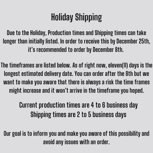 May include: Text explaining holiday shipping deadlines and estimated delivery times. Due to the holiday, production times and shipping times may take longer than initially listed. It's recommended to order by 8th December to receive your order by 25th December. Current production times are 4 to 6 business days. Shipping times are 2 to 5 business days.