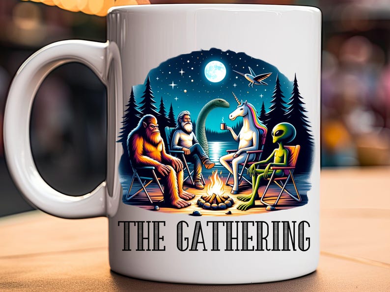 May include: White ceramic mug with a colorful illustration of a Bigfoot, a unicorn, an alien, and a man with a beard sitting around a campfire under a starry night sky. The text "THE GATHERING" is printed in black at the bottom of the mug.
