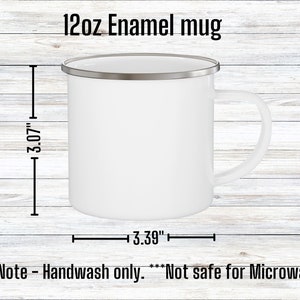 May include: White enamel mug with a silver rim. The mug is 3.07 inches tall and 3.39 inches wide. Handwash only. Not safe for microwave use.