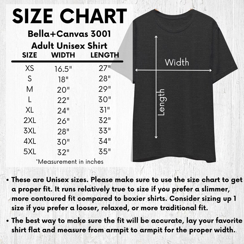 K&ouml;nnte beinhalten: Ein dunkelgraues T-Shirt neben einer Gr&ouml;&szlig;entabelle f&uuml;r Bella+Canvas 3001 Unisex-Shirts. Die Tabelle listet Gr&ouml;&szlig;en von XS bis 5XL mit entsprechenden Breiten- und L&auml;ngenma&szlig;en in Zoll auf, erg&auml;nzt durch ein Diagramm zur Veranschaulichung der Messung.