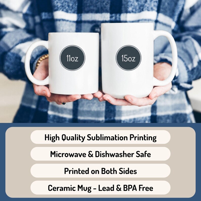 Może przedstawiać: Dwa białe ceramiczne kubki z uszkami, jeden oznaczony jako 11oz, a drugi jako 15oz. Poniżej znajduje się pole tekstowe z cechami: High Quality Sublimation Printing, Microwave & Dishwasher Safe, Printed on Both Sides, Ceramic Mug - Lead & BPA Free.