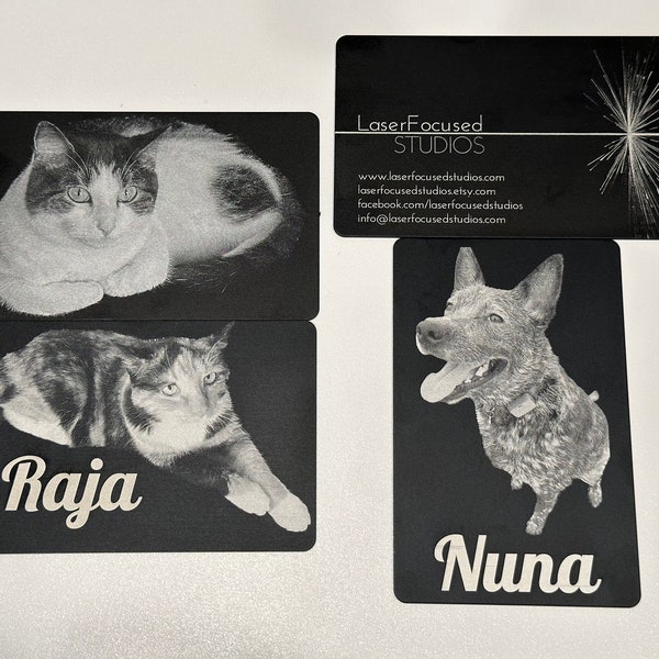 Metal print of your pet or any photo on matte black aluminum 0.8mm wallet card credit card size laser etched image of cat dog kids family