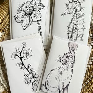 Confezione da 4 biglietti d'auguri in bianco e nero con penna, fiori illustrati, biglietti d'auguri con la natura, regali fatti a mano con la fauna selvatica, biglietti botanici