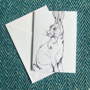 Carte de voeux avec stylo lièvre noir et blanc - Illustration d'animal vierge, art animalier détaillé, nature faite main, cadeau unique pour amoureux des animaux
