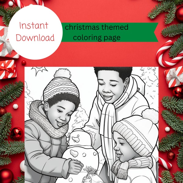 Young Black Boys Building a Snowman Coloring Page - Winter Fun, Christmas Printable for Kids - DIY Holiday Craft, Inclusive Crafting