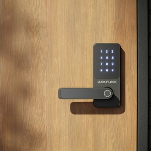 May include: A black smart door lock with a keypad and a lever handle. The keypad has numbers 1-9, 0, *, and #. The lock has the text "LUCKY LOCK" on it.